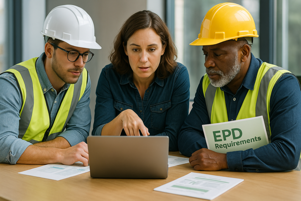 Three construction professionals in safety vests and helmets reviewing EPD requirements documents and a laptop at a table.