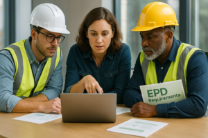 Three construction professionals in safety vests and helmets reviewing EPD requirements documents and a laptop at a table.