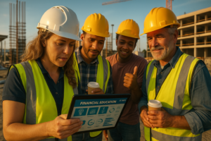 Construction team in hard hats and safety vests reviewing financial wellness education on a tablet at a jobsite, holding coffee cups with a building under construction in the background.