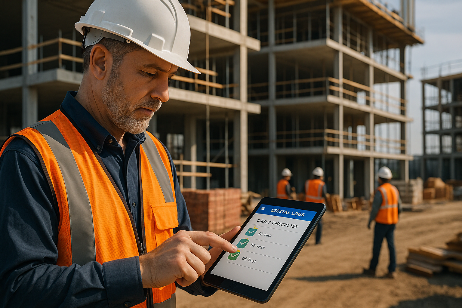 Construction worker in a hard hat and orange safety vest using a tablet for digital daily logs at a jobsite, with a building under construction and colleagues in the background.