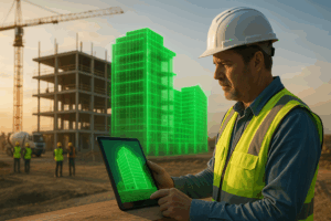 Construction worker in a safety vest and hardhat using a tablet for construction sustainability metrics, with a holographic green building model at a jobsite.