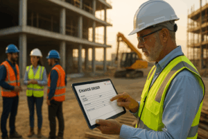 Construction worker in a yellow vest and helmet using tech-enabled solutions for a common headache, reviewing a change order on a tablet at a jobsite with colleagues in the background.