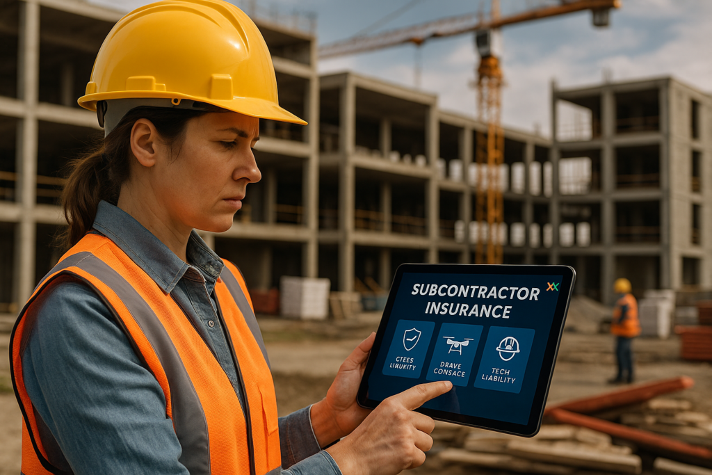 Construction worker in a hard hat and orange safety vest using a tablet displaying "Subcontractor Insurance" options, including liability, drone, and tech coverage, on a jobsite with a building under construction, highlighting subcontractor insurance for digital risks.