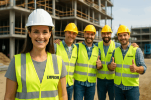 A group of construction workers in branded safety vests and helmets, giving thumbs-up at a job site, emphasizing building your subcontracting brand.